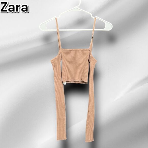 Preowned Zara Tan Long Sleeve Cold Shoulder knit ribbed Crop Top - Small - Picture 6 of 7